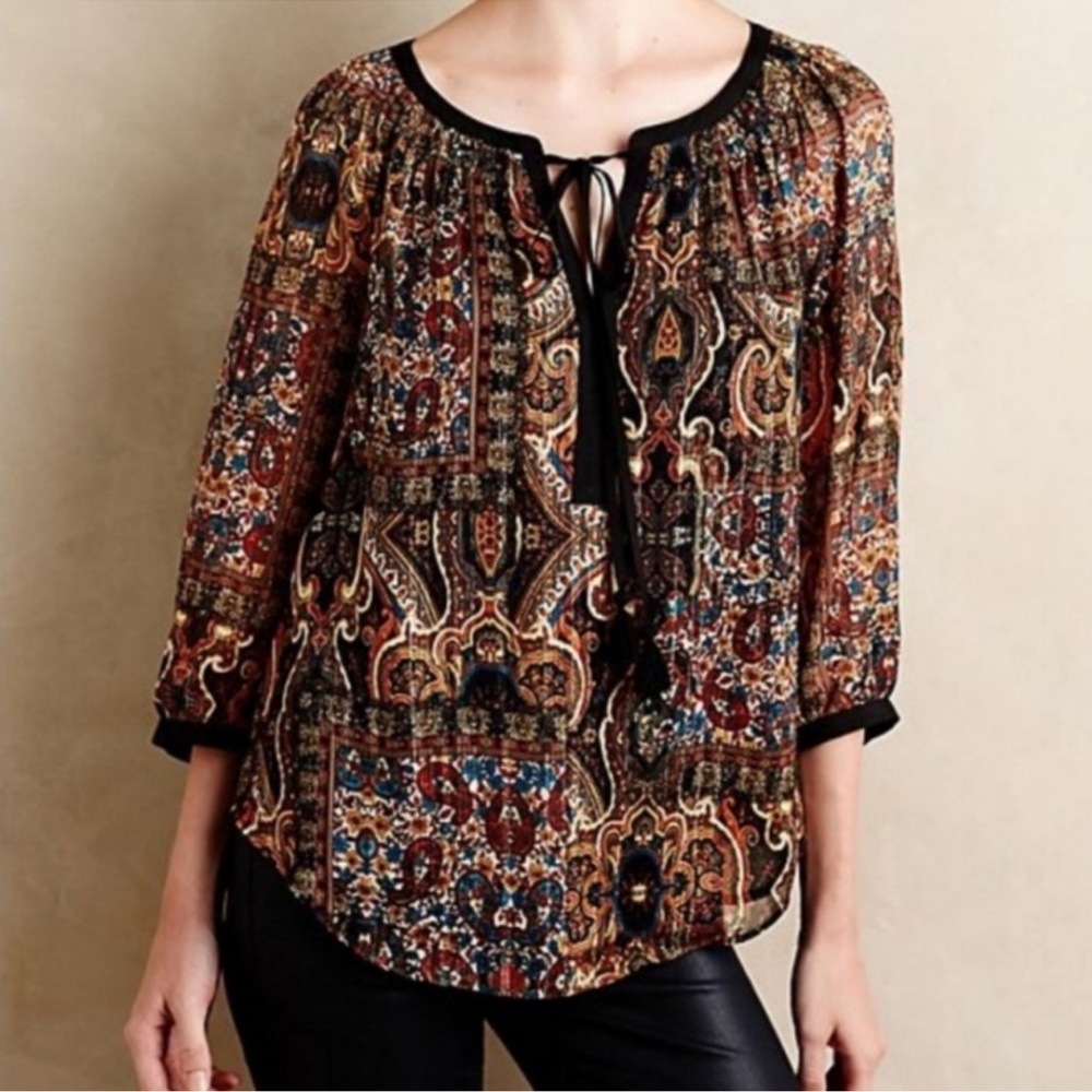 Anthropologie Meadow Rue Small Multicolor Paisley Peasant Blouse - Picture 3 of 9